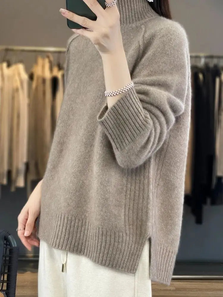 Turtleneck Cashmere Sweater Raglan Sleeve Loose Fit Pullover
