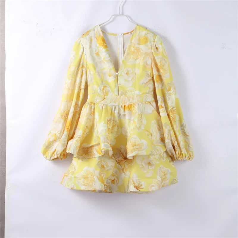 3D Flower Print Lace-Up Backless Mini Dress