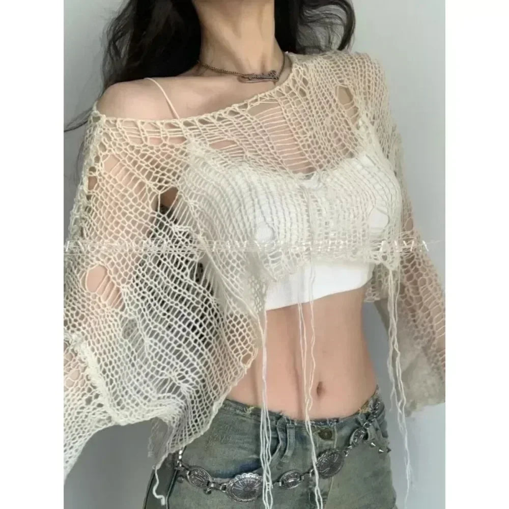 Round Neck Hollow-Out Cropped Knit Top Long Sleeve Loose Fit