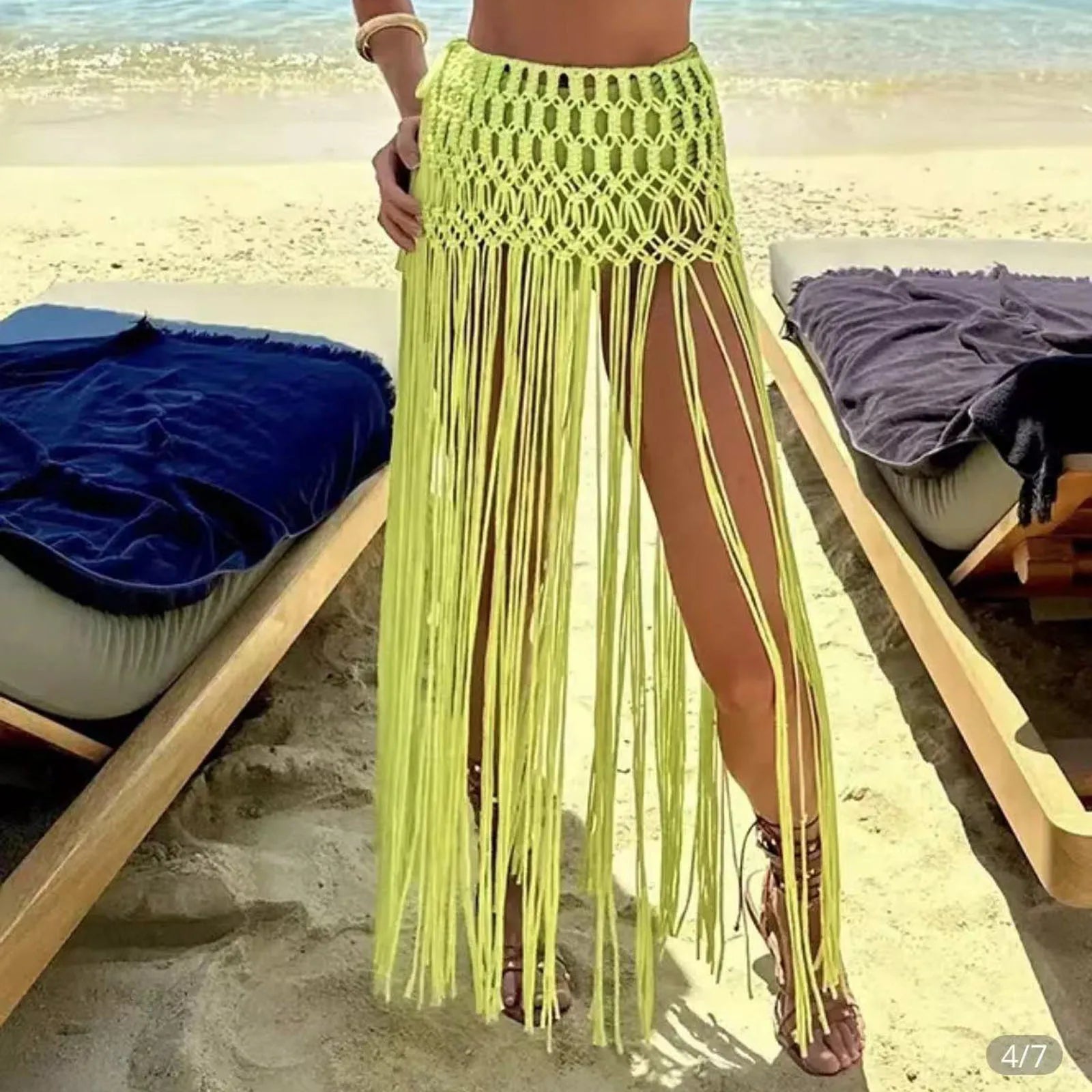 Beachapche Hand Crochet Tassel Skirts Women Fashion Sexy Side High Knitted  Beach Cover Ups