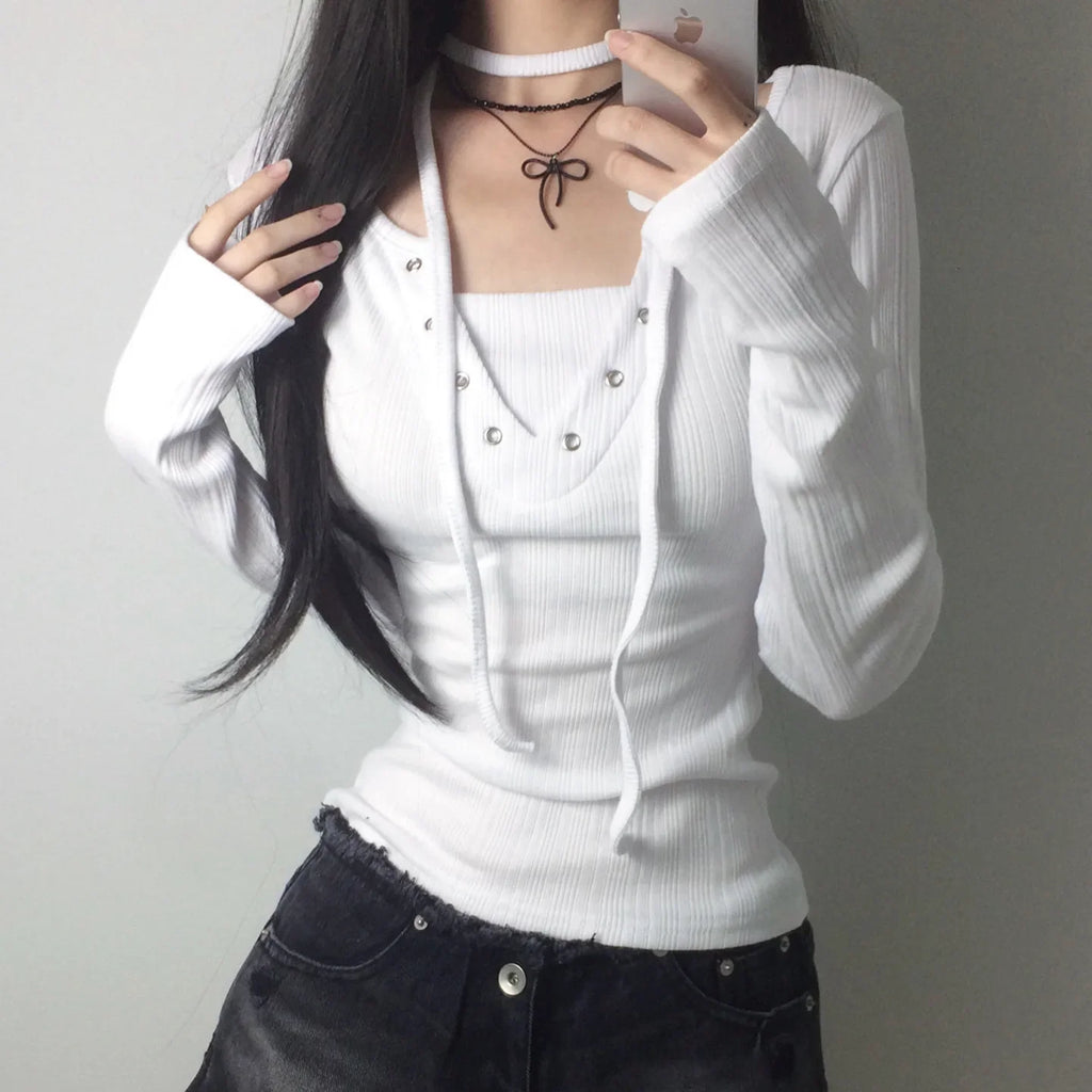 Women's Drawstring Grommet Long-Sleeve Top