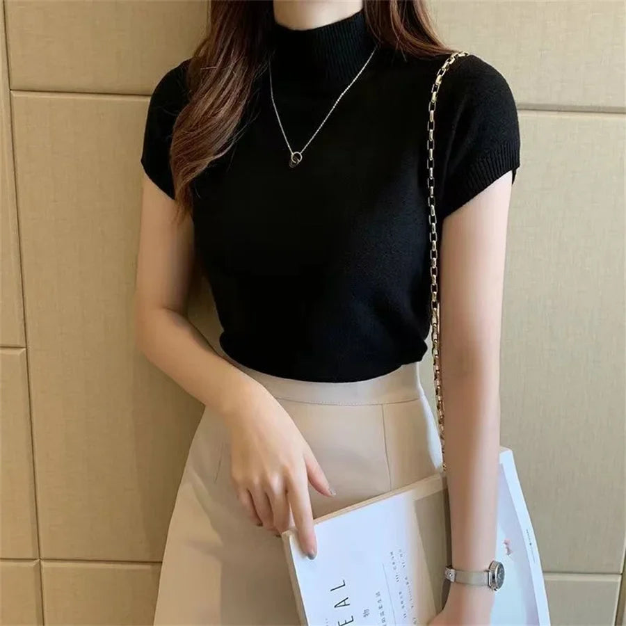 Turtleneck Short Sleeve Knit Slim Top