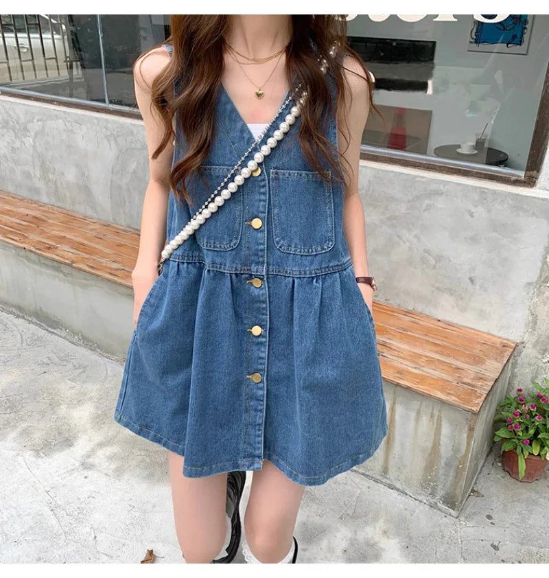 Denim V-Neck Spaghetti Strap Sleeveless Mini Dress