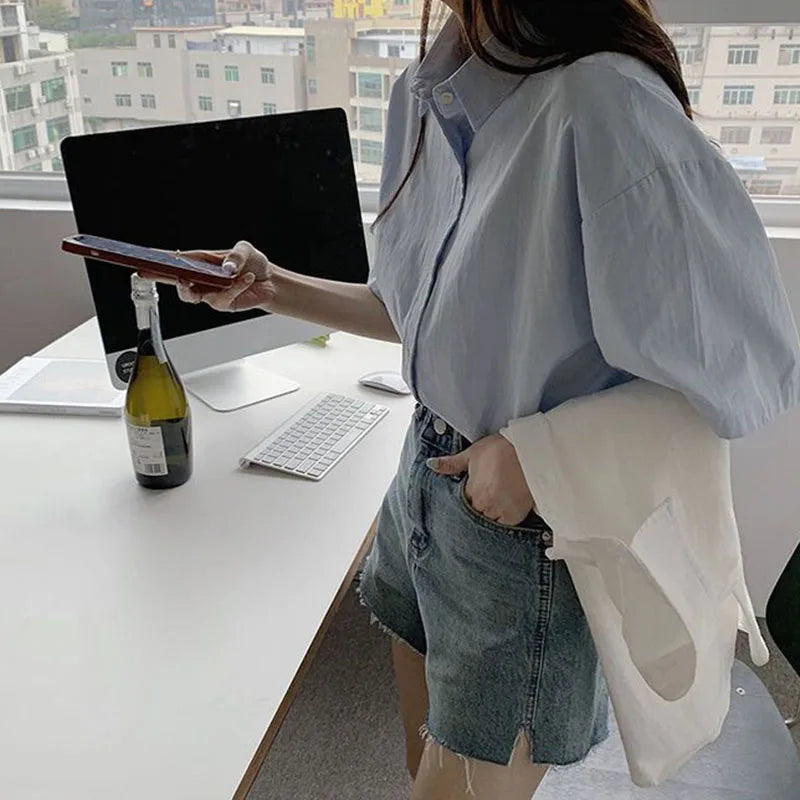 Women's Turn-Down Collar Short Sleeve Loose Solid Blouse