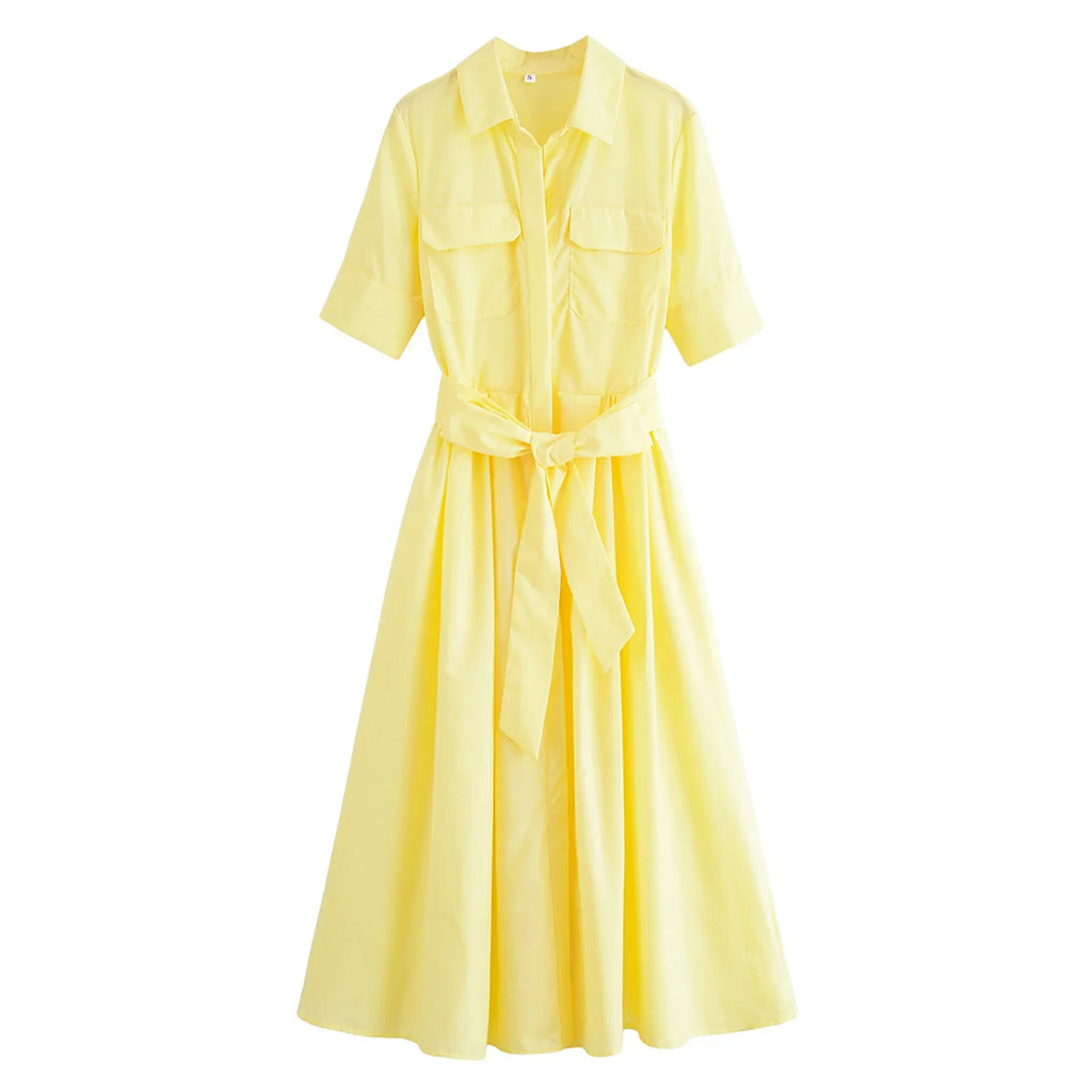 Women's Lapel Shirt Midi Dress with Belt