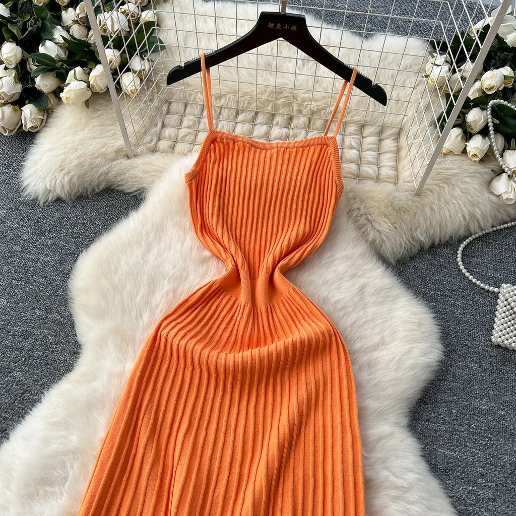 Knitted Pleated Midi Dress High Waist Sleeveless Sling Dress Women Bodycon Streetwear