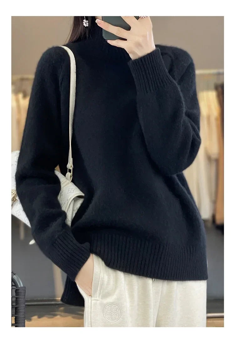 Turtleneck Cashmere Sweater Raglan Sleeve Loose Fit Pullover