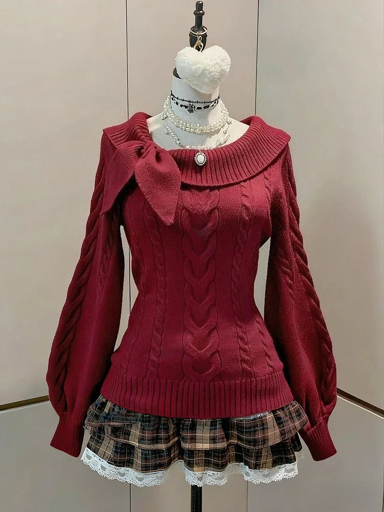 V-Neck Lace Knit Sweater Long Sleeve Loose Fit Pullover with Bow Detail
