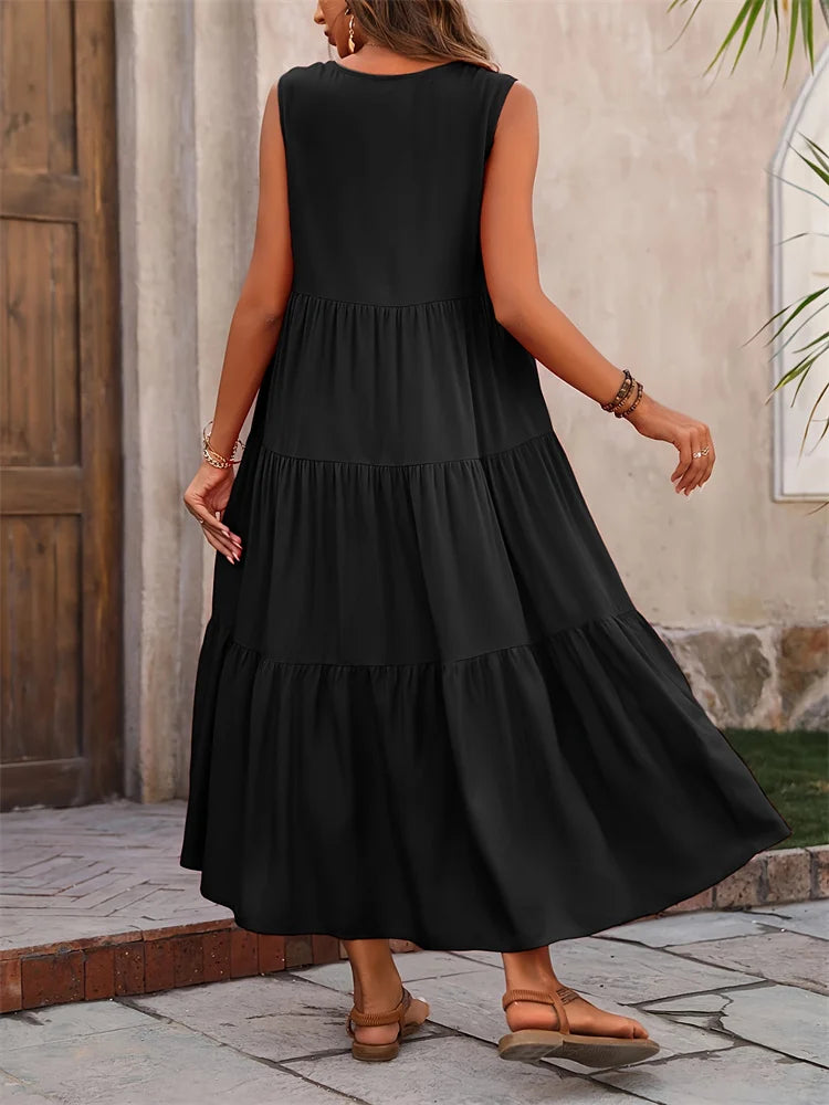 Women's Casual A-Line Tank Dress - V-Neck Sleeveless Midi Dress
