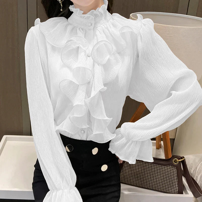 Vintage Lace Ruffle Chiffon Blouse | Women's Long Puff Sleeve Elegant Top