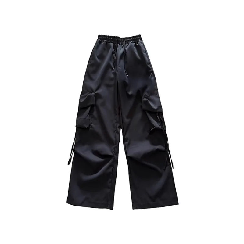 Mid Waist Cargo Pants Loose Fit Big Pockets Elastic Waist Ankle Length