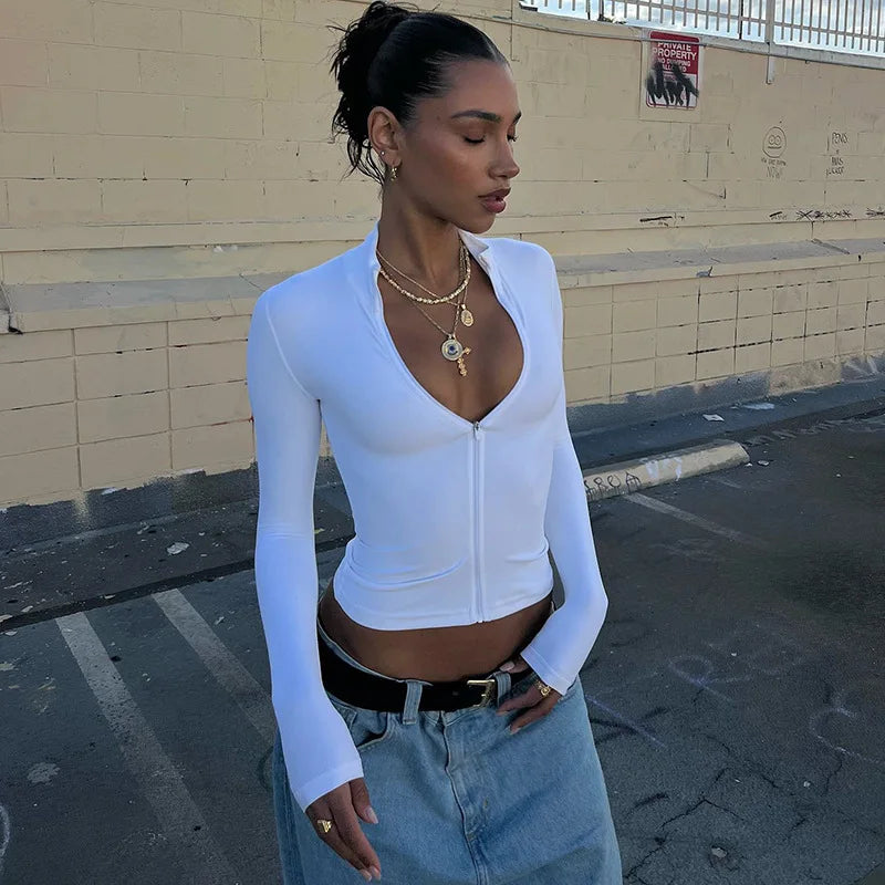 Long Sleeve V-Neck Zipper Slim Fit Tee Sexy Clubwear Streetwear