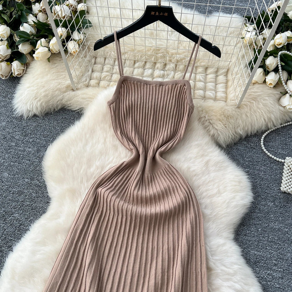 Knitted Pleated Midi Dress High Waist Sleeveless Sling Dress Women Bodycon Streetwear