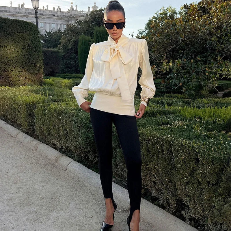 Elegant Satin Lace-Up Blouse