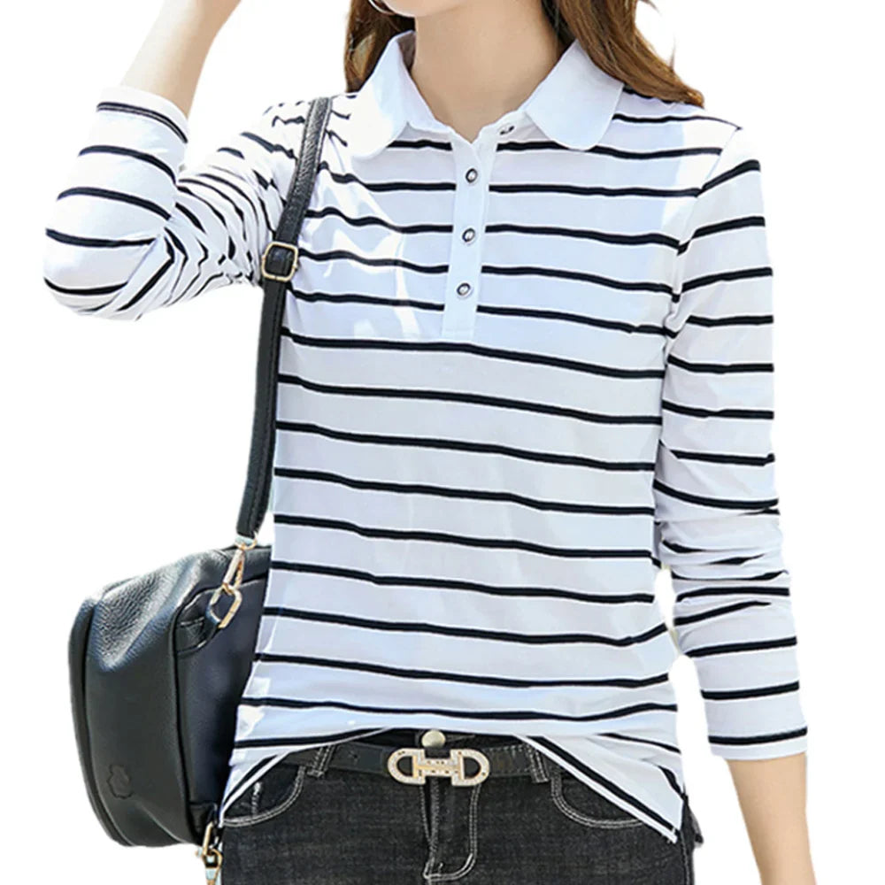 Women's Striped Polo Shirt - Long Sleeve Turn-Down Collar Top
