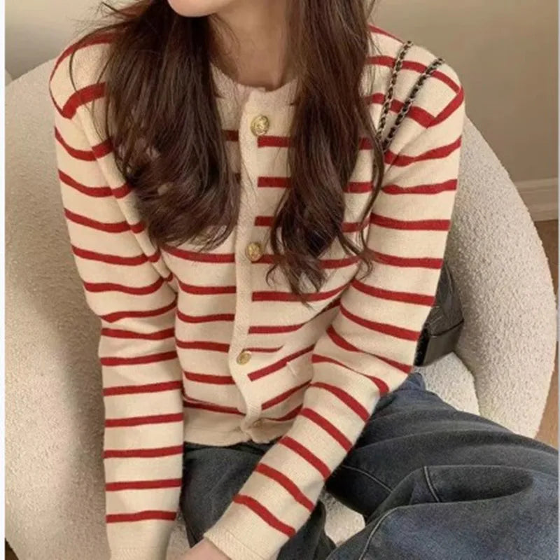 Women's Stripe Knitted Cardigan - Long Sleeve Button-Up Sweater