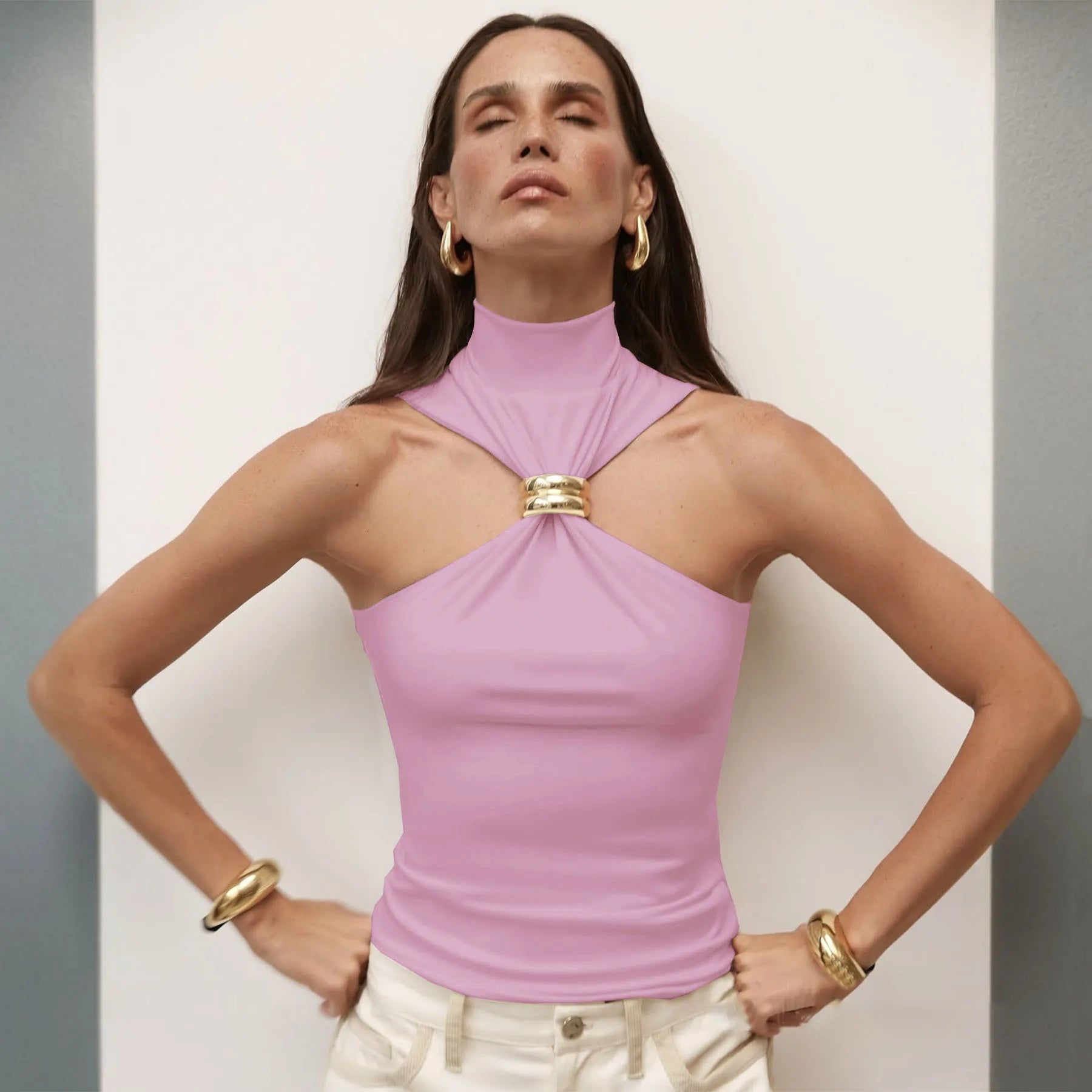 Turtleneck Metal Ring Sleeveless Knit Crop Tank Top
