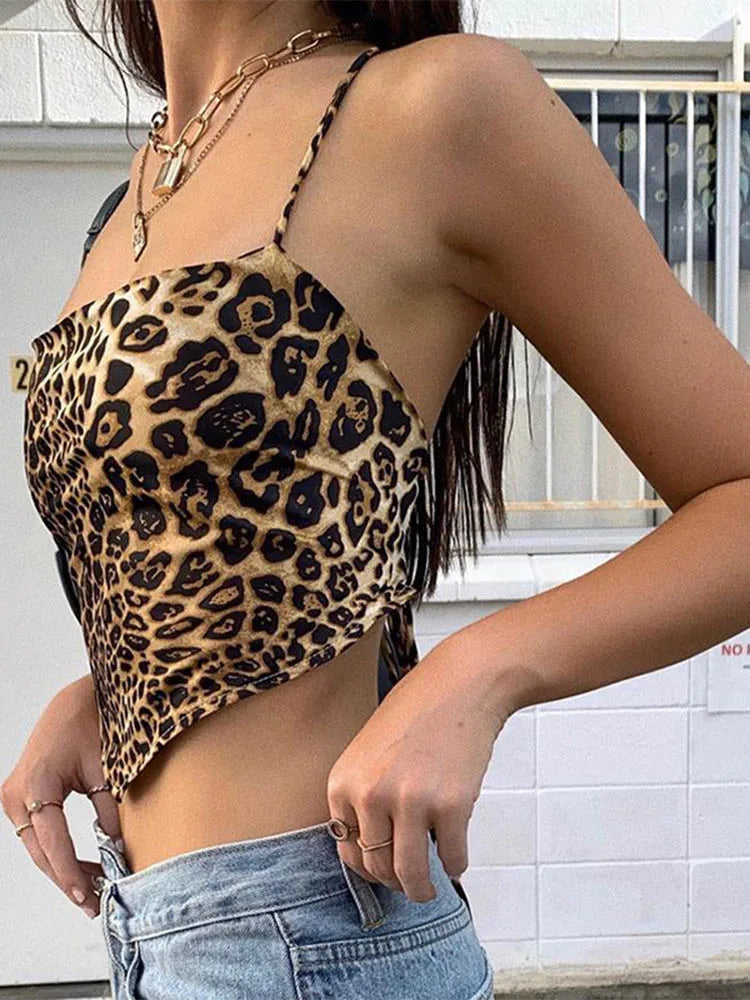 Leopard Print Backless Cross Lace-Up Bralette Crop Top