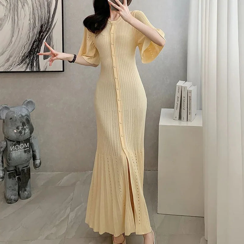 Knitted Mermaid Midi Dress Round Neck Hollow Slimming Fishtail