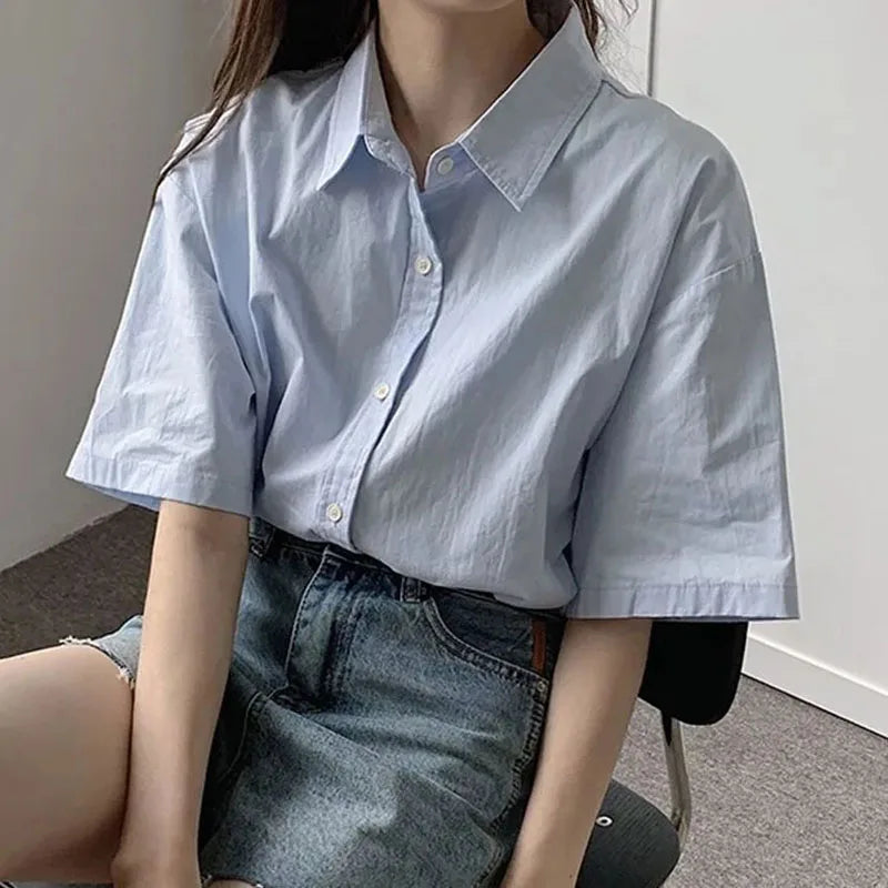 Women's Turn-Down Collar Short Sleeve Loose Solid Blouse