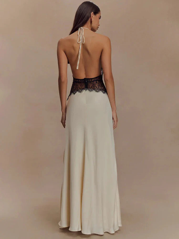 Backless Lace Halter Deep V Neck Maxi Dress | Women's Elegant Evening Gown