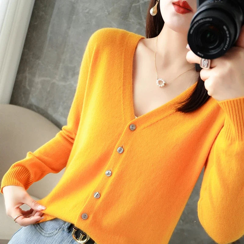 Women's V-Neck Knitted Cardigan - Loose Fit Button-Up Sweater