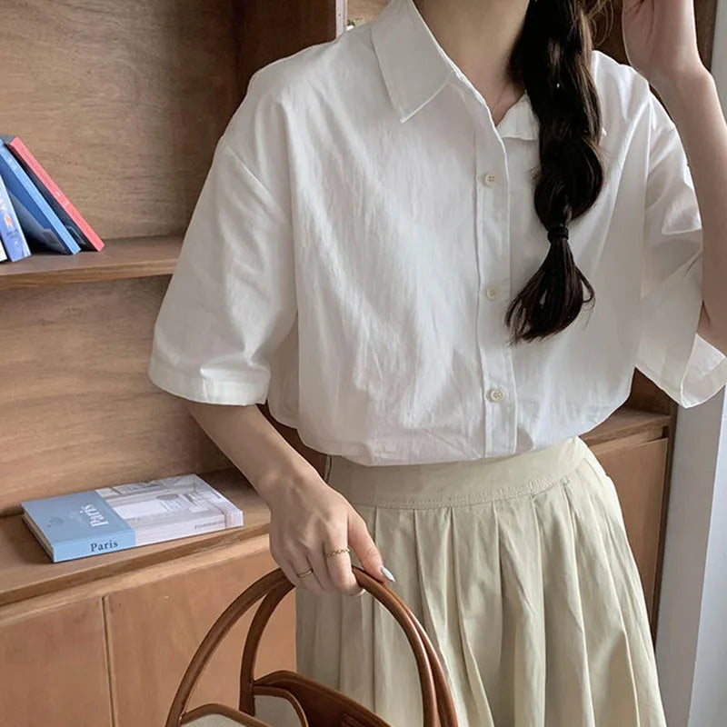 Women's Turn-Down Collar Short Sleeve Loose Solid Blouse