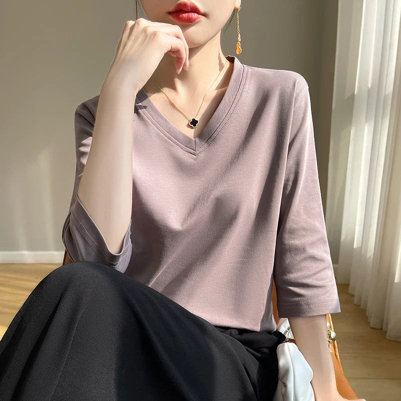 Women's Cotton V-Neck Cropped Sleeve T-Shirt
