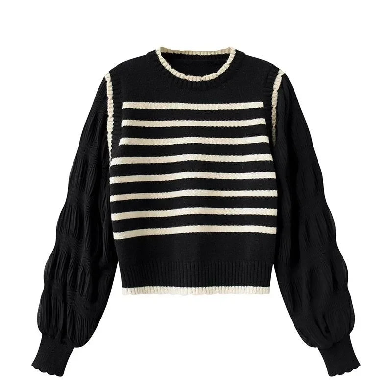 Striped Layered Knit Sweater Long Sleeve Loose Fit Pullover