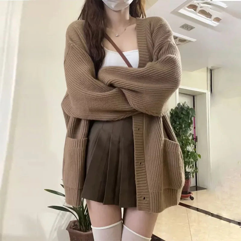 Women's Korean Style V-Neck Cardigan - Loose Fit Knit Sweater