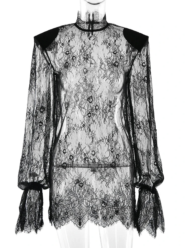 Turtleneck Lace Mini Dress Women Sexy Sheer Long Sleeve Loose Party Dress