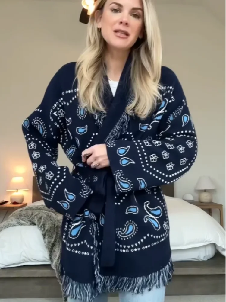 Women's Geometric Print Cardigan - Tassel Patchwork Knit Sweater