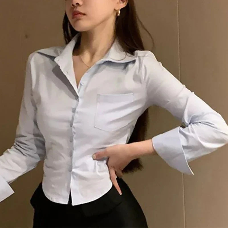 Long Sleeve Crop Chiffon Blouse | Women's Korean Office Button Lapel Top