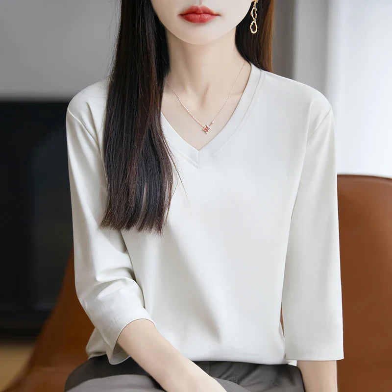 Women's Cotton V-Neck Cropped Sleeve T-Shirt