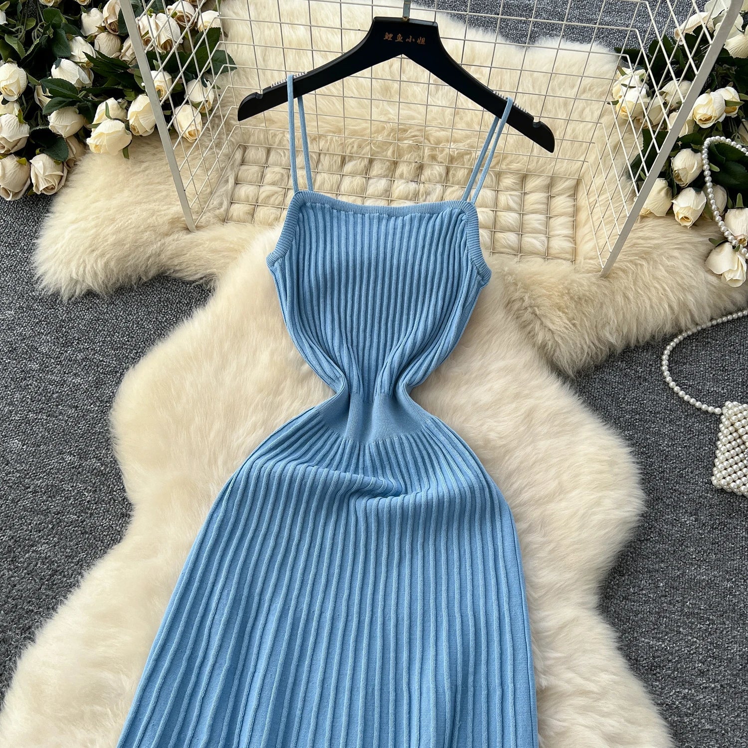 Knitted Pleated Midi Dress High Waist Sleeveless Sling Dress Women Bodycon Streetwear