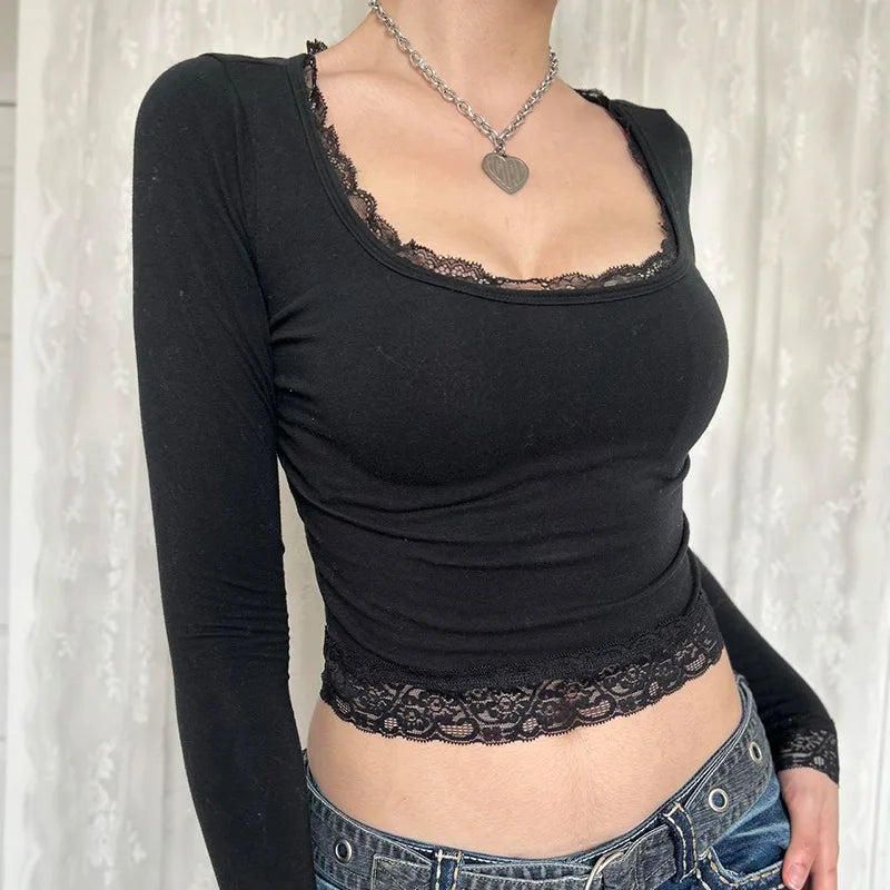 Y2K Fairy Graphic Lace Trim Long Sleeve Tee