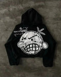 Fur Collar Zipper Hooded Sweatshirt Graphic Print Regular Fit