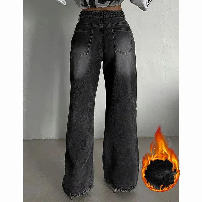 Women's Fleece-Lined High-Waist Straight Jeans