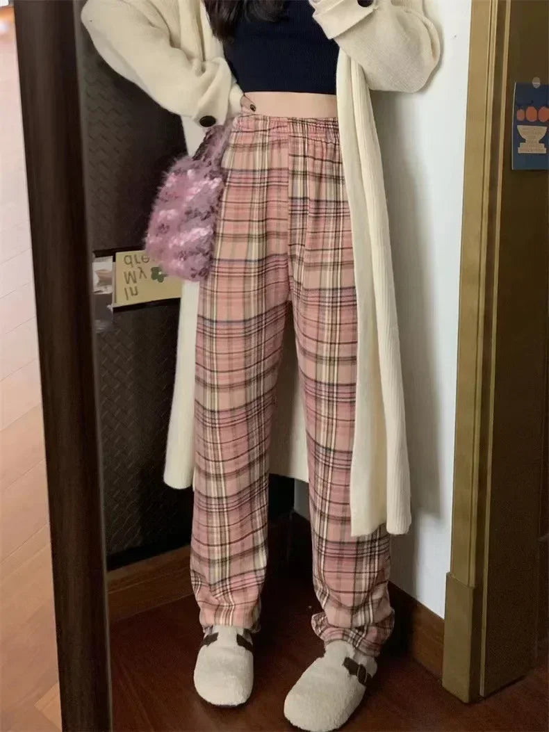 Plaid Wide Leg Plush Pants Warm Cashmere Loose Mid Waist Casual