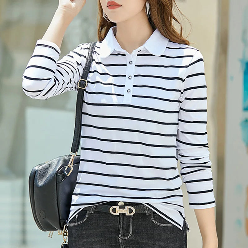 Women's Striped Polo Shirt - Long Sleeve Turn-Down Collar Top