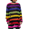 Round Neck Striped Ripped Knit Sweater Long Sleeve Loose Fit Pullover