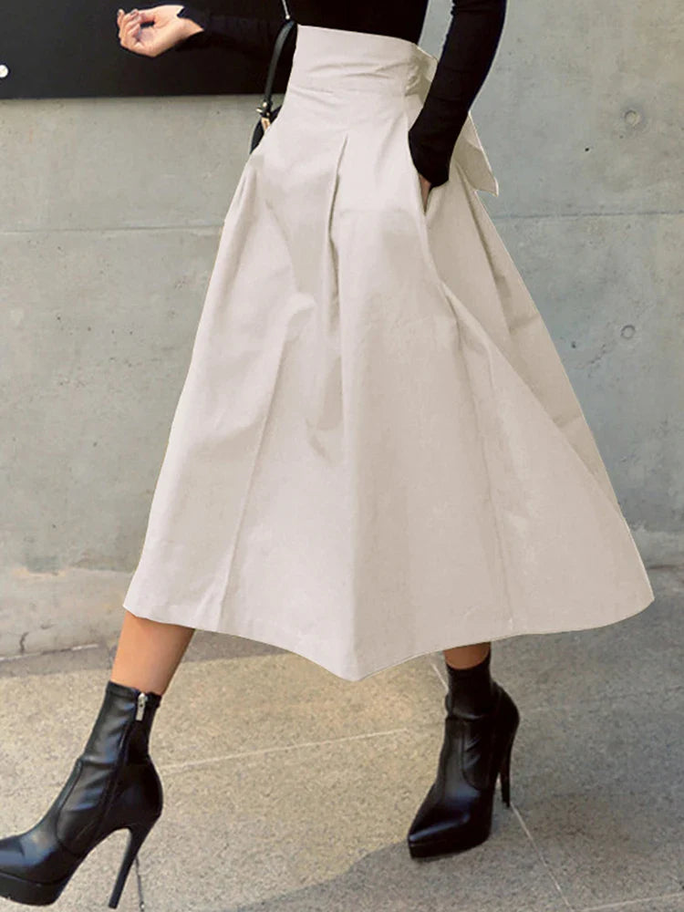 Women's A-Line Skirt - High Waist Preppy Style with Bow