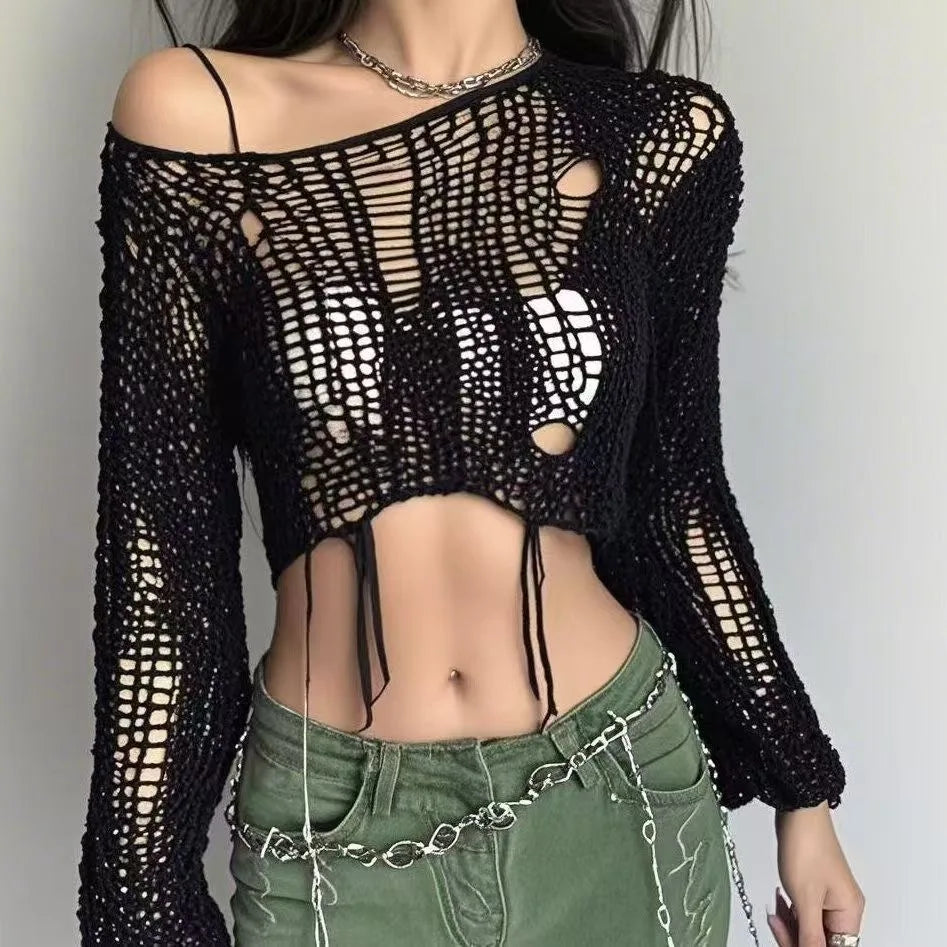 Round Neck Hollow-Out Ripped Cropped Knit Top Long Sleeve Loose Fit