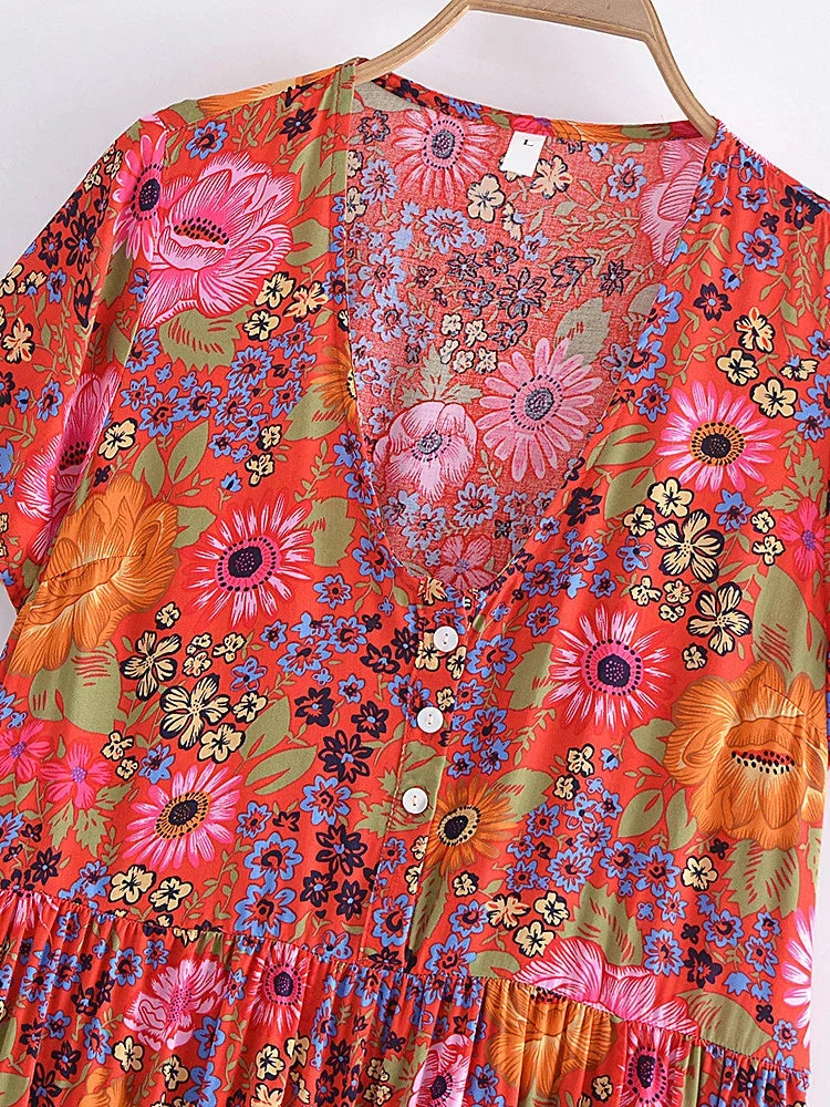Women's Vintage Floral Print Boho Mini Dress