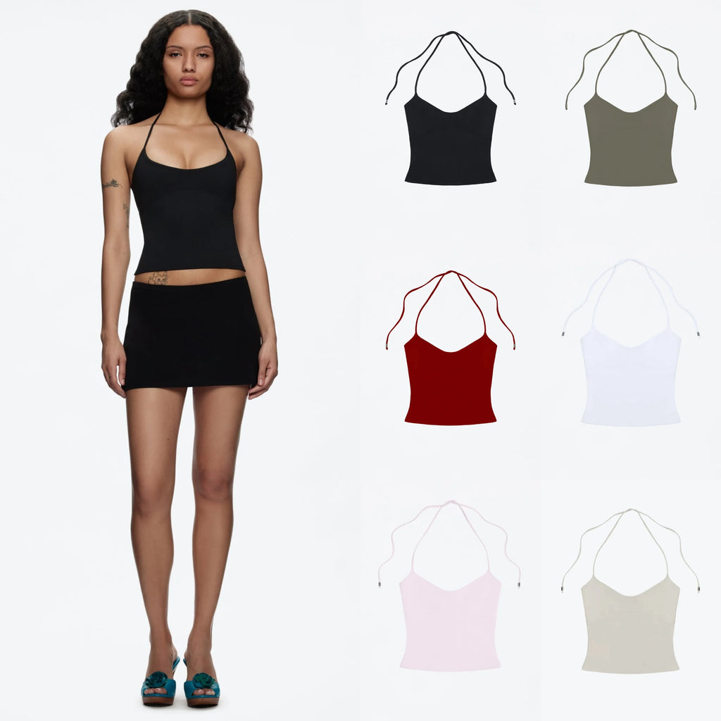 Tank Women's Open-Back Stretchy Camisole Top with Metal Accessories and Self-Tie Shoulder Straps, Low-Neck Sexy Halter Top