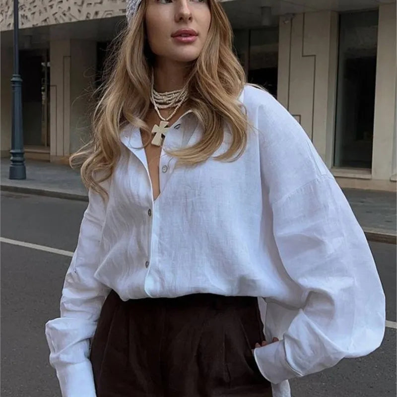 Elegant White Long Sleeve Blouse Women Ruffled Collar Vintage Loose Shirt
