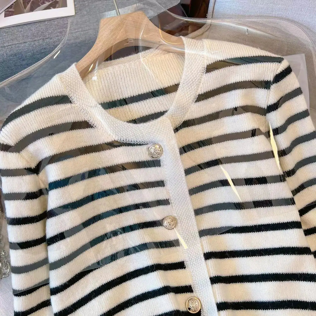 Women's Stripe Knitted Cardigan - Long Sleeve Button-Up Sweater