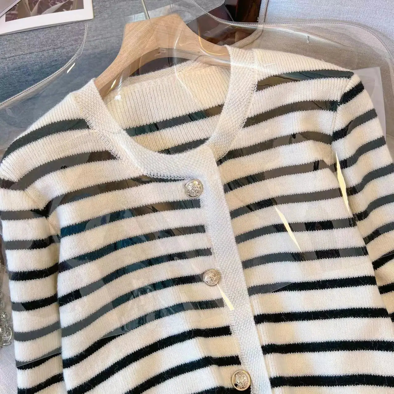 Women's Stripe Knitted Cardigan - Long Sleeve Button-Up Sweater