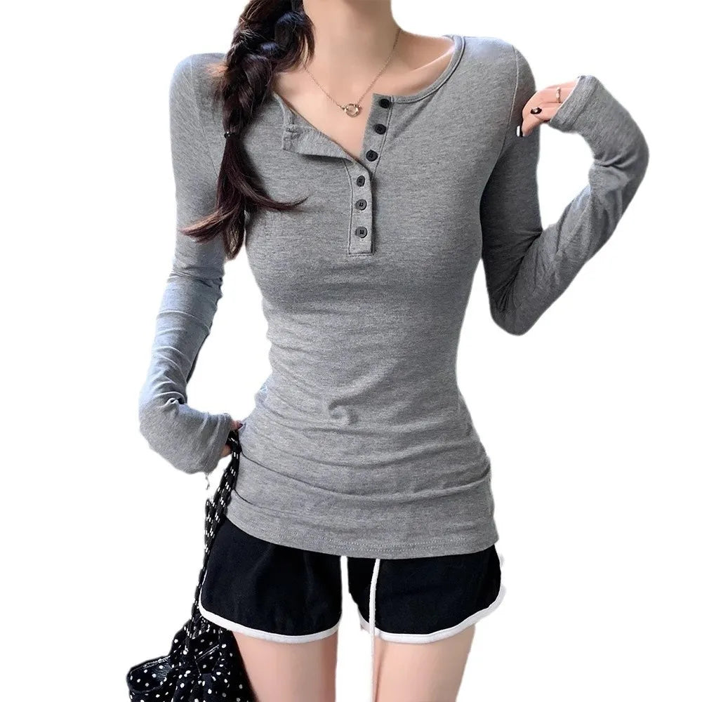 Women's O-Neck Long Sleeve T-Shirt Slim Fit Solid Color Casual Top