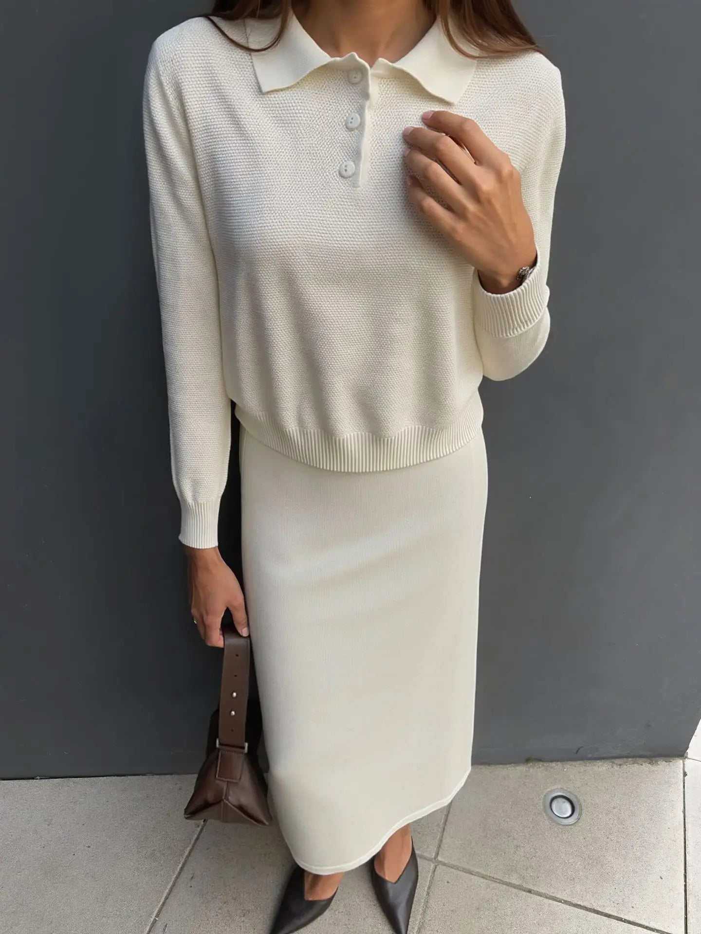 Polo Neck Knit Sweater & Wide Leg Pants Set
